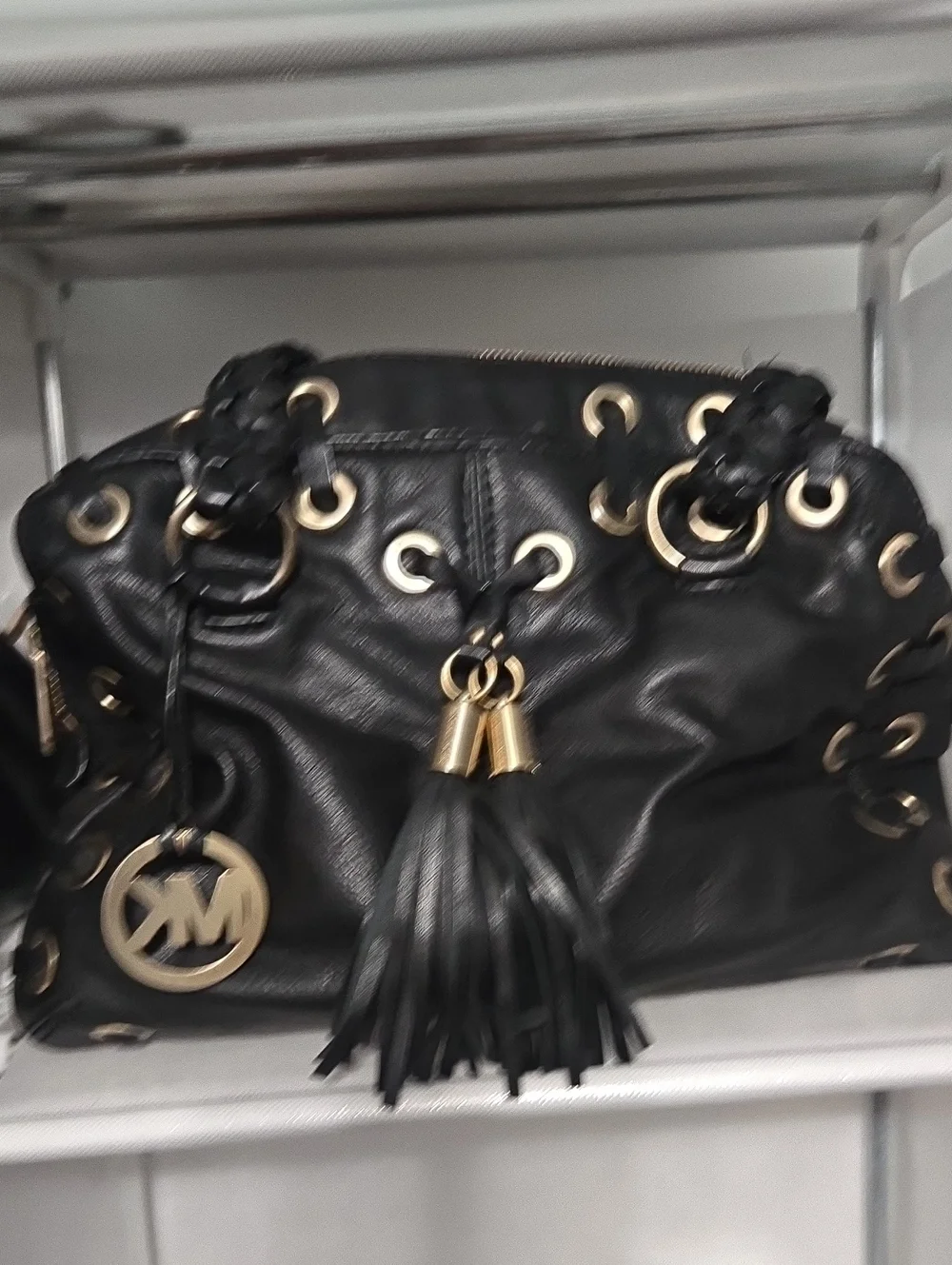 Michael Kors Black Leather Braided-Handle Shoulder Bag with Tassel